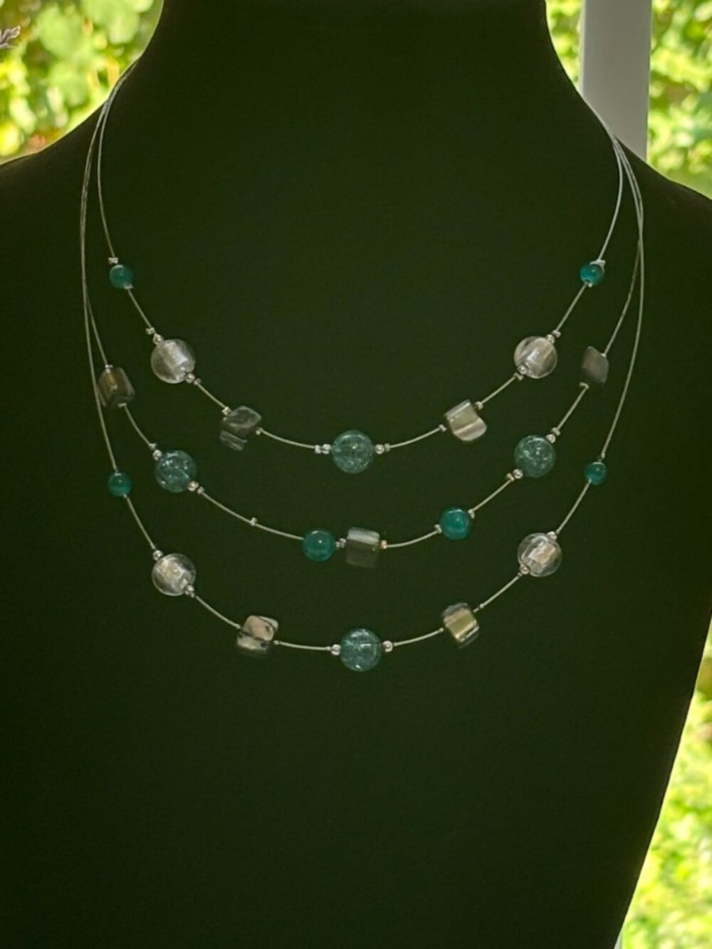 3 Strand Teal Crackle Glass Illusion Necklace 16-19” Silver Tone Bead Layered